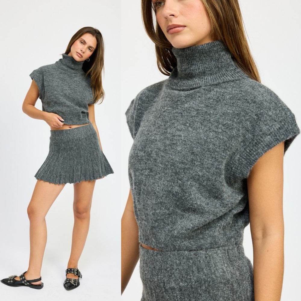 Gray Turtleneck Sleeveless Top & Skirt